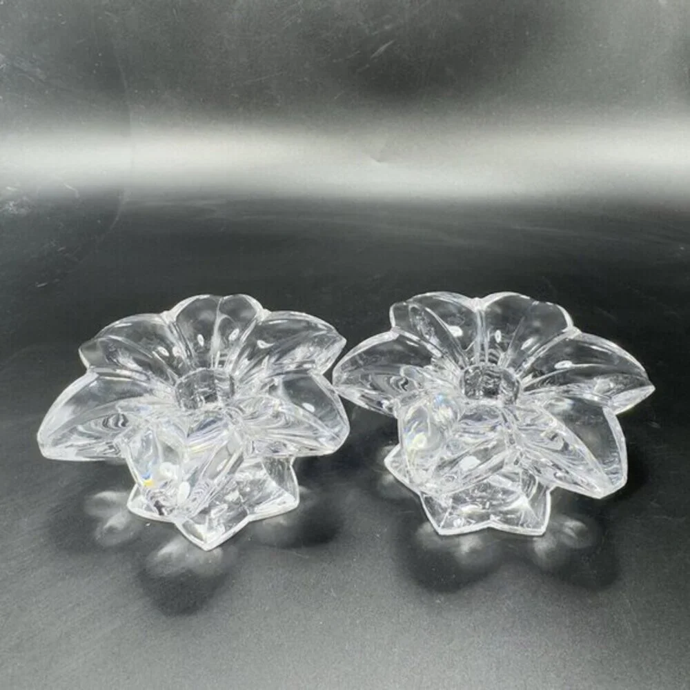 MIKASA Clear Crystal Glass Candle Stick Holder Set 2 Flower Shaped Candle Holder